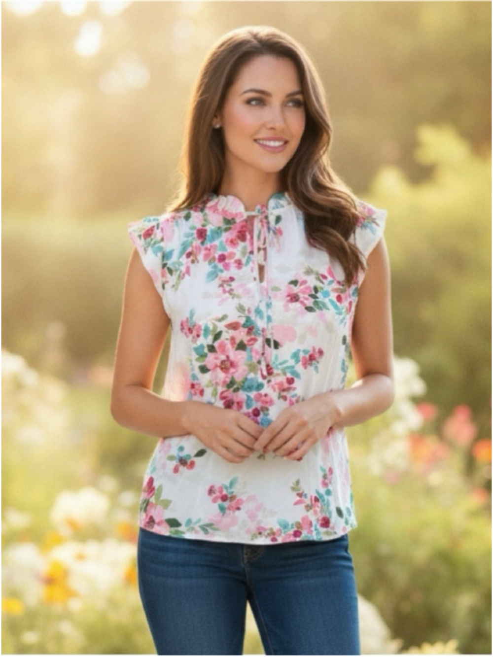 Counterparts Floral Ruffle-Neck Tie-Front Blouse Size S